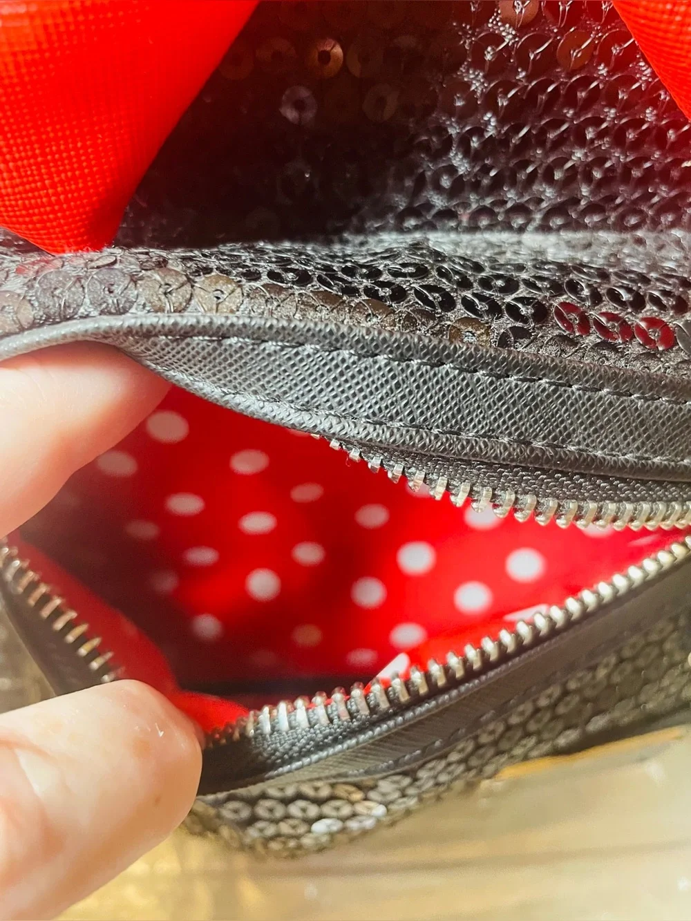 Loungefly Black Sequined Minnie Mouse Mini Backpack with Red Bow and Mouse Ears